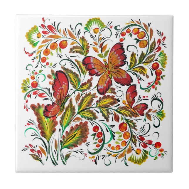 Decorative pattern with butterflies and flowers ceramic tile (Front)