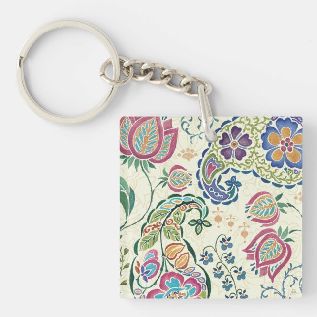 Decorative Peacock and Colourful Flowers Key Ring (Front)