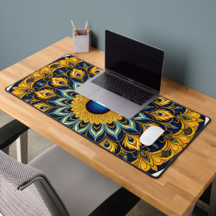 Decorative peacock bird on white desk mat