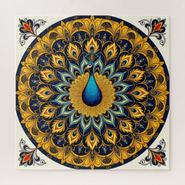 Decorative peacock bird on white jigsaw puzzle (Vertical)