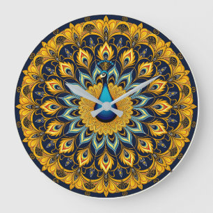 Decorative peacock bird on white large clock