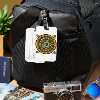 Decorative peacock bird on white luggage tag