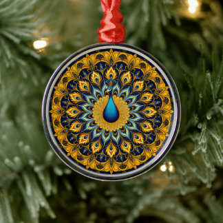 Decorative peacock bird on white metal ornament