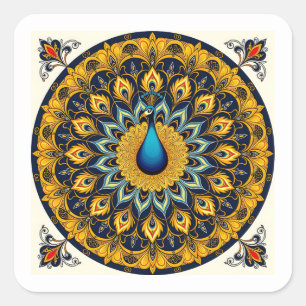 Decorative peacock bird on white square sticker