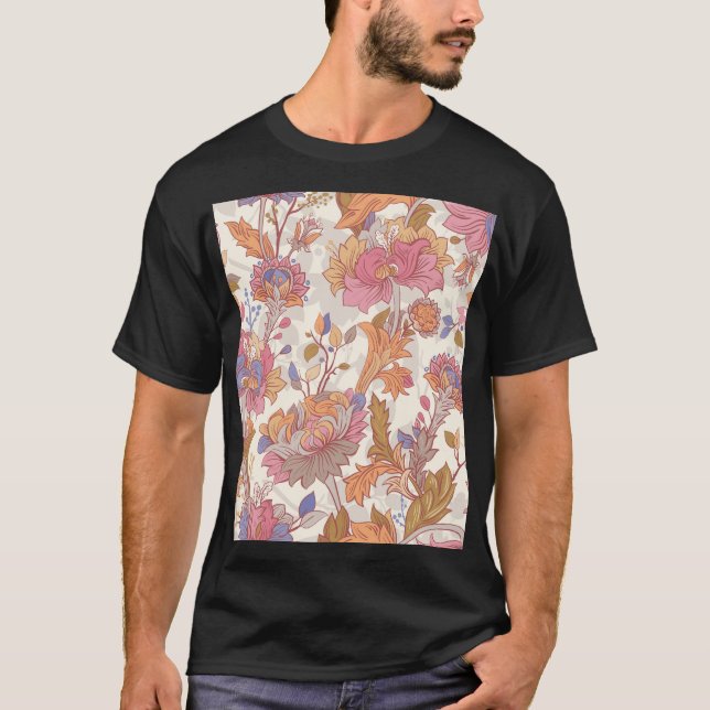 Decorative peonies: colourful floral pattern. T-Shirt (Front)