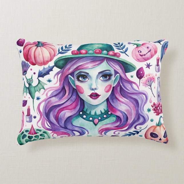 Decorative pillow with witch and Halloween print (Front)