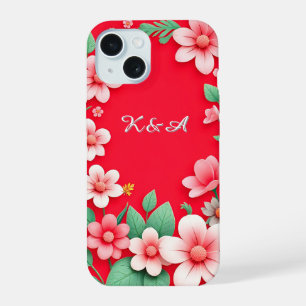 Decorative Pink Flowers and Green Leaves iPhone 15 Case