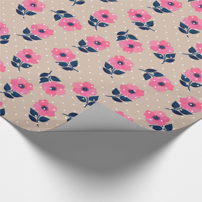Decorative Pink Flowers Beige White Polka Dots Wrapping Paper (Corner)