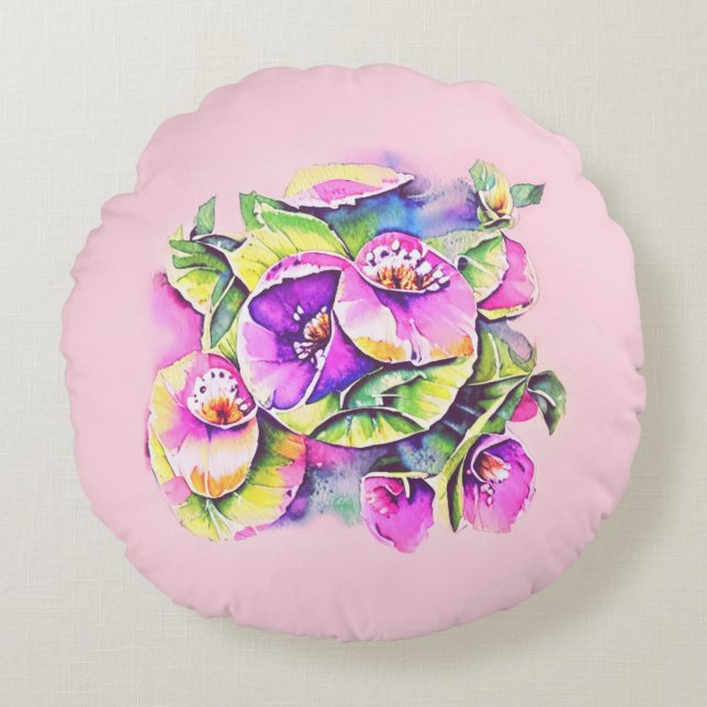 Decorative pink flowers round cushion (Front)