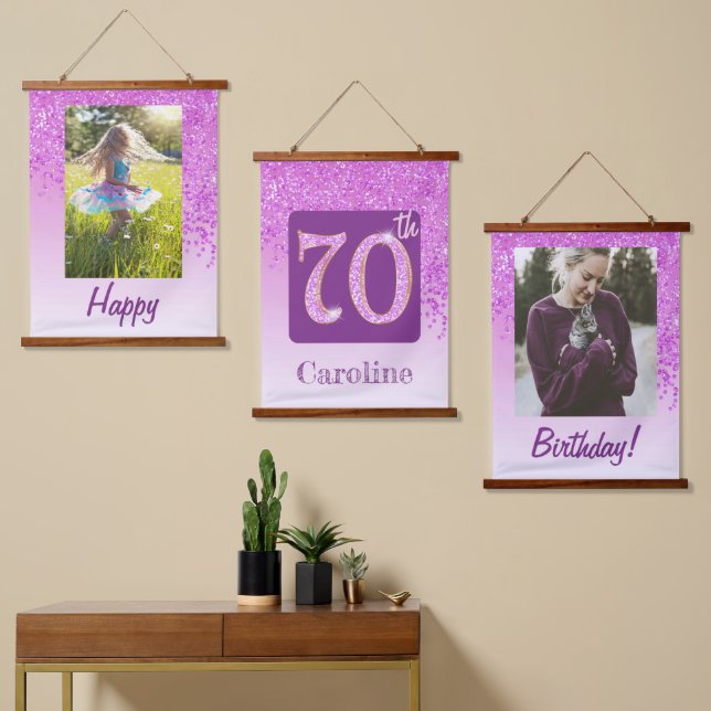 Decorative Pink Glitter 2 Photos for 70th Birthday Hanging Tapestry (Asymmetrical)