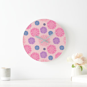 Decorative Pink Purple and Blue Floral Pattern Large Clock