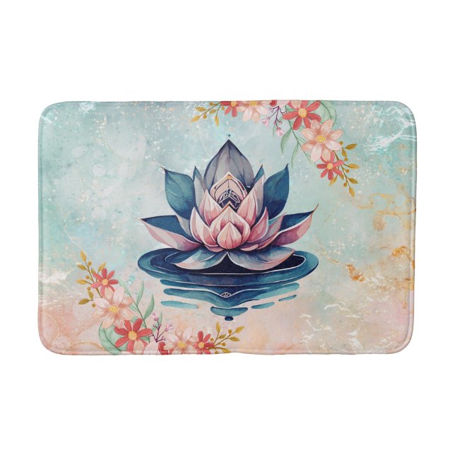 Decorative Purity – Pink & Green Lotus Artwork Bath Mat (Front)