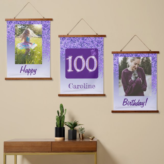 Decorative Purple Glitter 2 Photos 100th Birthday Hanging Tapestry (Asymmetrical)