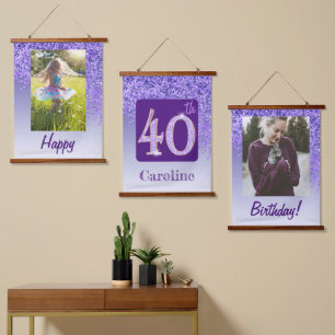 Decorative Purple Glitter 2 Photos 40th Birthday Hanging Tapestry