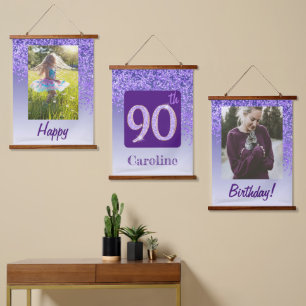 Decorative Purple Glitter 2 Photos 90th Birthday Hanging Tapestry