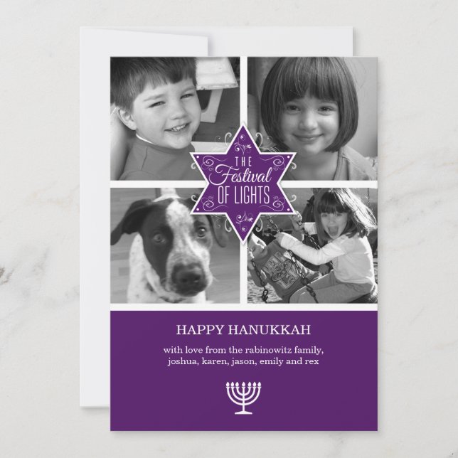 Decorative Purple Star of David Hanukkah Card (Front)