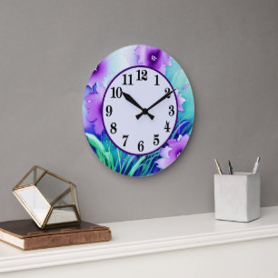 Decorative purple watercolor flowers round clock
