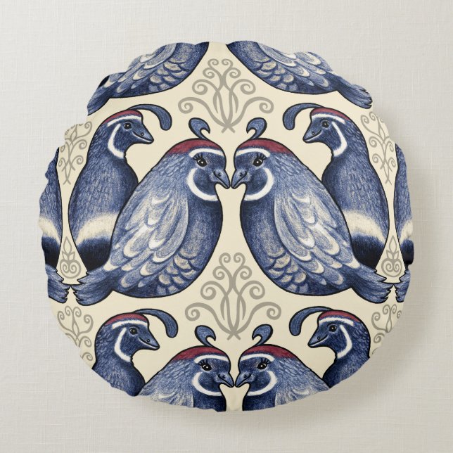 Decorative Quail Navy and Cream Round Pillow (Front)