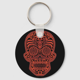 Decorative Red and Black Sugar Skull Key Ring