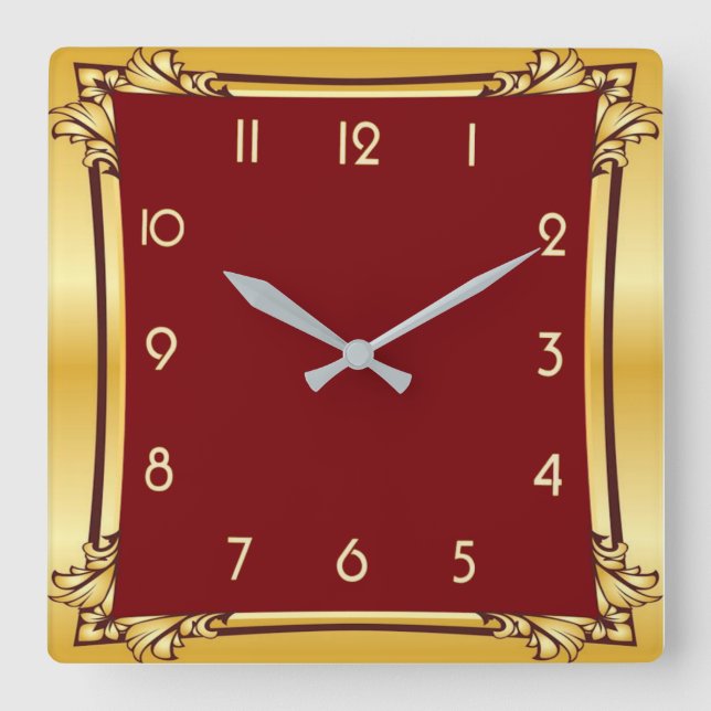 Decorative red and gold square wall clock (Front)