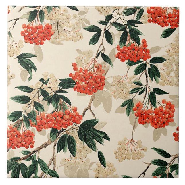 Decorative red and white berries design ceramic tile (Front)