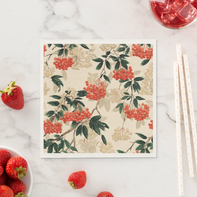 Decorative Red and White Berry Pattern Napkin (Insitu)