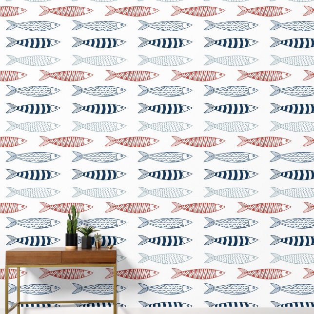 Decorative Red & Blue Sardines Fish Pattern Wallpaper (Hallway)