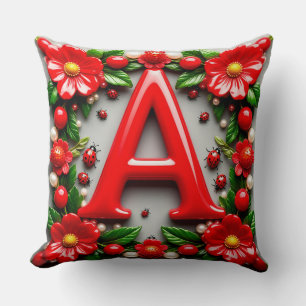 🐞 Decorative Red Letter A Ladybug Poppy Pearl Cushion