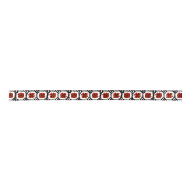 Decorative Red Marigolds Flower Geometric pattern Satin Ribbon (Front)