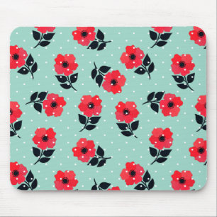 Decorative Red Mint Floral Pattern Mouse Pad