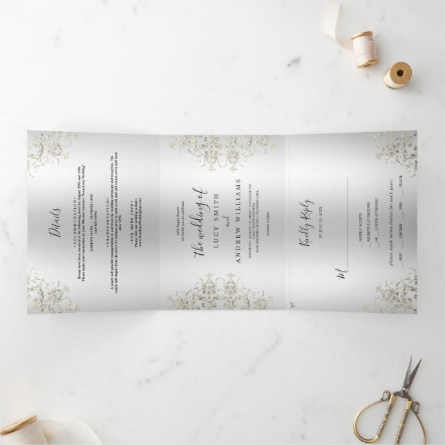 Decorative Romantic Silver Damask Wedding Tri-Fold Invitation (Inside)