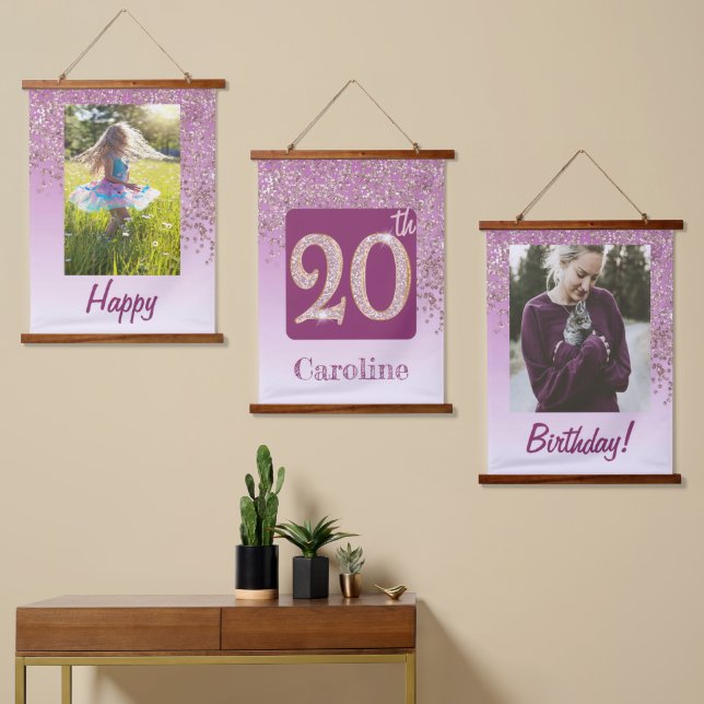 Decorative Rose Gold Glitter, Photos 20th Birthday Hanging Tapestry (Asymmetrical)