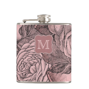 Decorative Roses Blush Pink Monogram Hip Flask