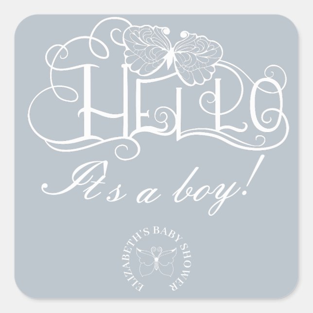 decorative script hello it's a boy blue square sticker (Front)
