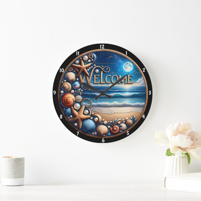 Decorative Seashell Starfish Beach Ocean Design Large Clock (Home)