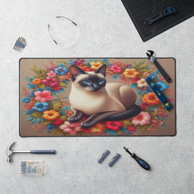Decorative Siamese Cat Colourful Floral Border Desk Mat (Workstation)