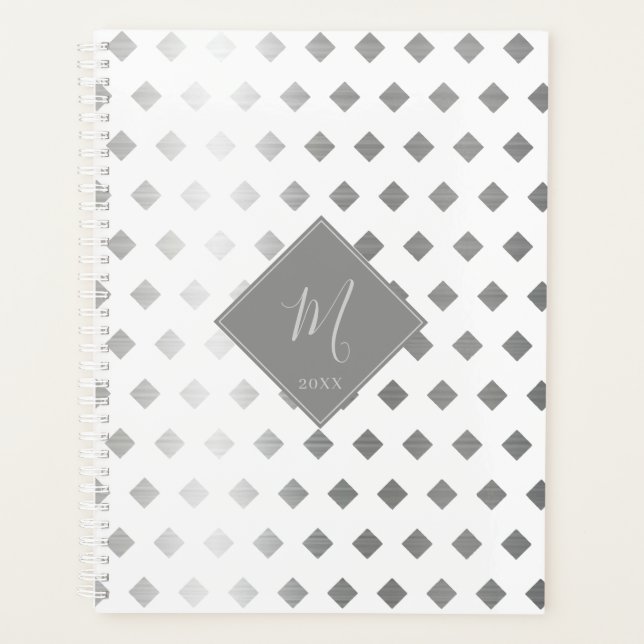 Decorative Silver Grey White Diamond Monogram Planner (Front)