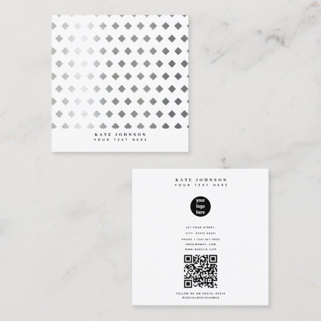 Decorative Silver Grey White Diamond Pattern Square Business Card (Front/Back)