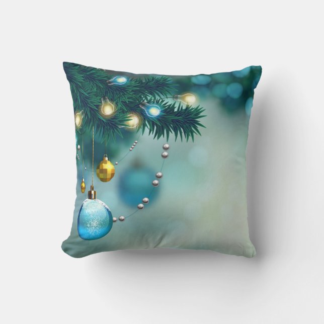 Decorative Snow Blue & Gold Ball Merry Christmas Cushion (Front)