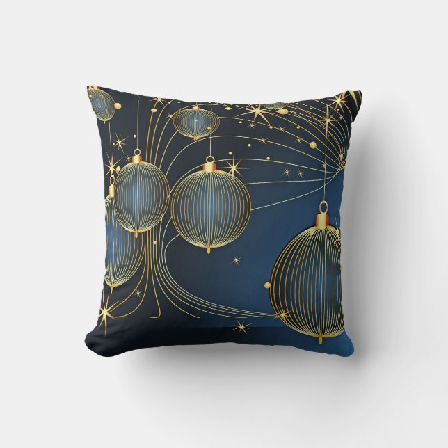 Decorative Snow Blue & Gold Ball Merry Christmas Cushion (Front)