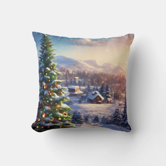 Decorative Snow Blue & White Snow Merry Christmas Cushion (Front)