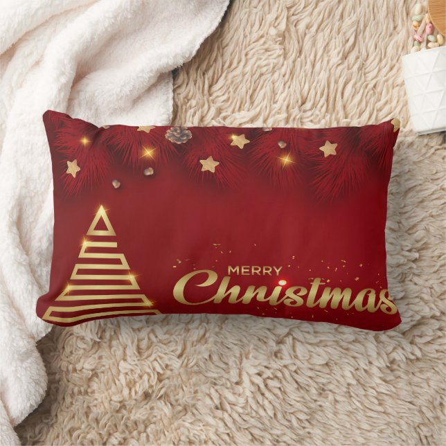 Decorative Snow Glitter Red & Gold Merry Christmas Lumbar Cushion (Blanket)