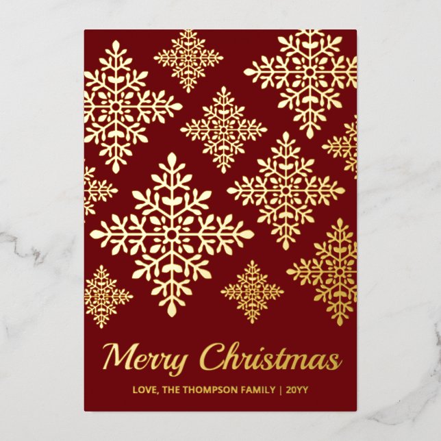Decorative Snowflakes On Red Foil Holiday Card (Front)