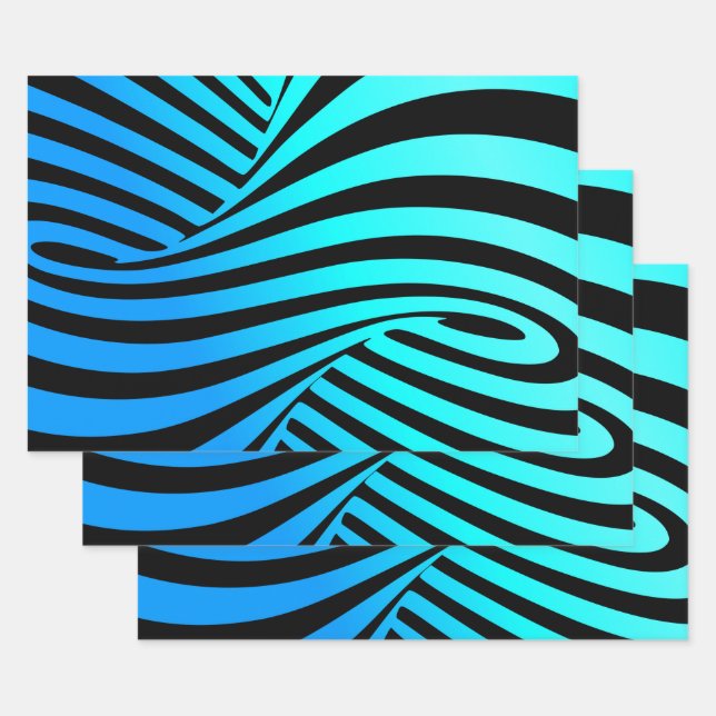 Decorative spirals, abstract line art blue black wrapping paper sheet (Set)