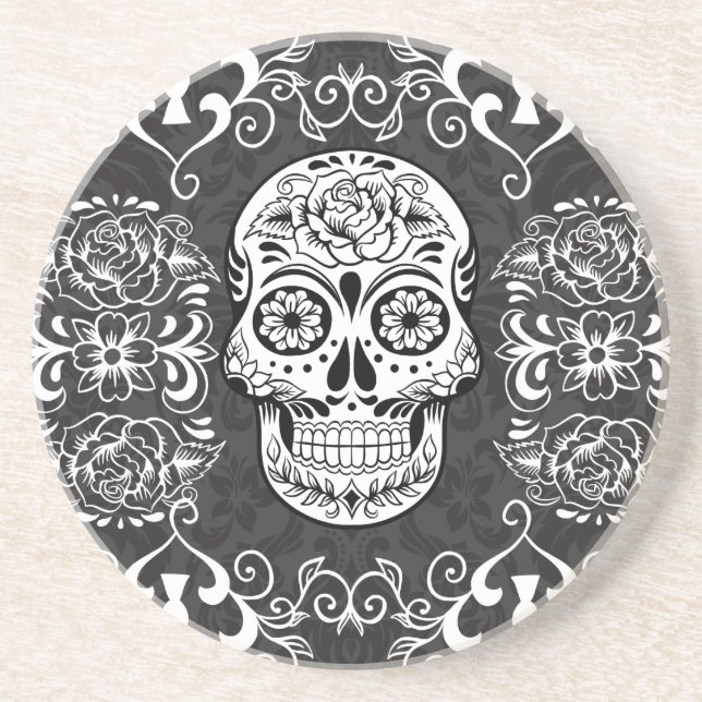 Decorative Sugar Skull Black White Gothic Grunge Coaster (Front)