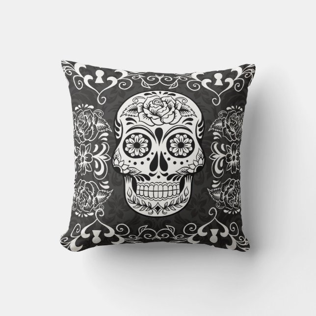 Decorative Sugar Skull Gothic Grunge Pillow (Front)
