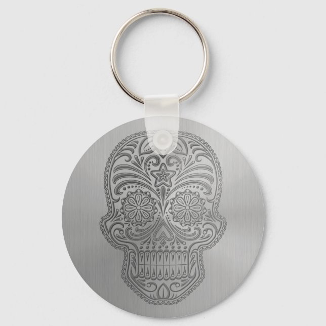 Decorative Sugar Skull with a Stainless Steel Look Key Ring (Front)