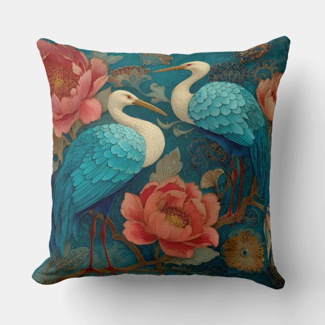 Decorative Swan Bird Flowers Throw Pillow (Front)