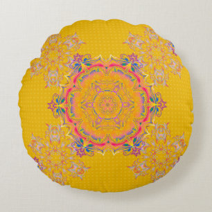 Decorative symmetry arabesque. Beige, pink and yel Round Cushion