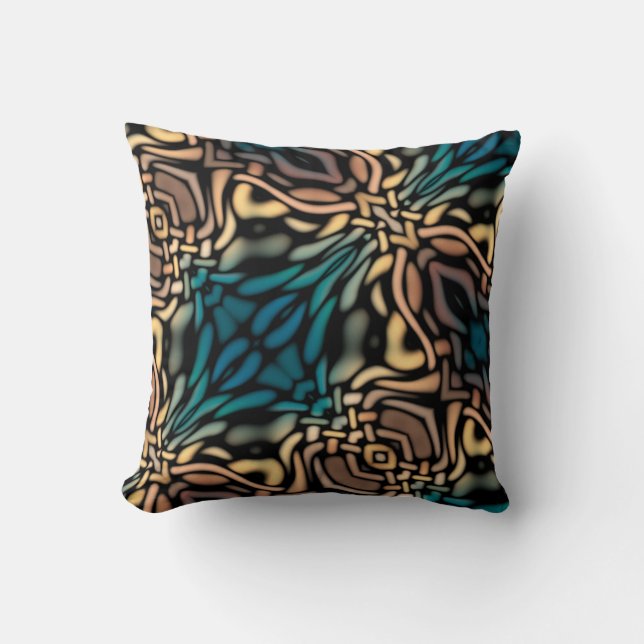 Decorative Teal Blue Gold Pattern Cushion (Front)